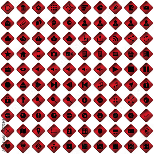 100 icônes, pictogrammes, sur boutons en forme de losange rouge pour site web ou interface d'application, softaware…