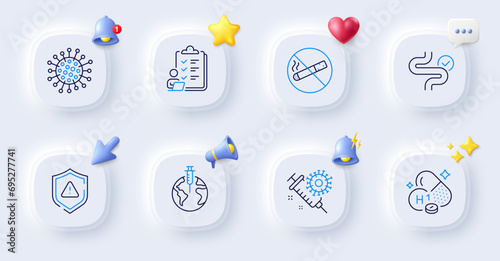 Vitamin h1, Coronavirus and Pandemic vaccine line icons. Buttons with 3d bell, chat speech, cursor. Pack of Digestion, Checklist, Coronavirus vaccine icon. Shield, No smoking pictogram. Vector