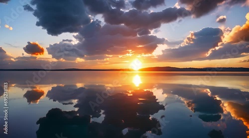 An animation of a bright sunset over a calm lake, with colorful reflections sparkling on the water photo