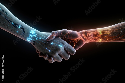 Computer generated illustration human hands handshake, medical object, computer code, neon, hologram, artificial intelligence, cyborg, digital art sci-fi, medtech, ai futuristic business gesture © Leo