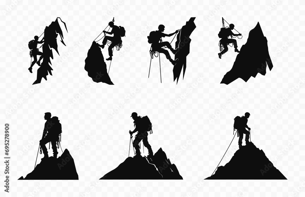 Alpinists Climbers Silhouettes Collection, Alpinist Climber Silhouette in different poses Set, Mountain climbing Vector silhouette - obrazy, fototapety, plakaty 
