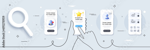 Demand curve, Seo graph and Clock line icons pack. Phone screen mockup with 3d star, alert and chat message. Card, Refresh mail, Add photo web icon. Speakers, People chatting pictogram. Vector