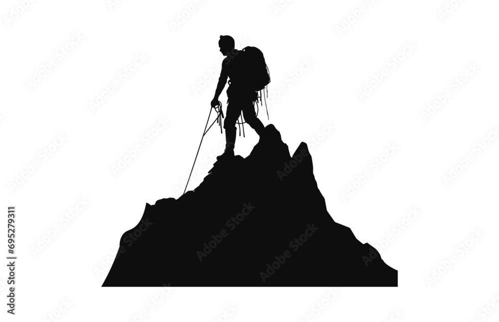 A Silhouette of Alpinist Climbing black Vector, Alpinist Climber Vector Silhouette isolated on a white background - obrazy, fototapety, plakaty 