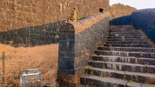 Stairs made by stone on the raigad fort in maharashtra in india  photo