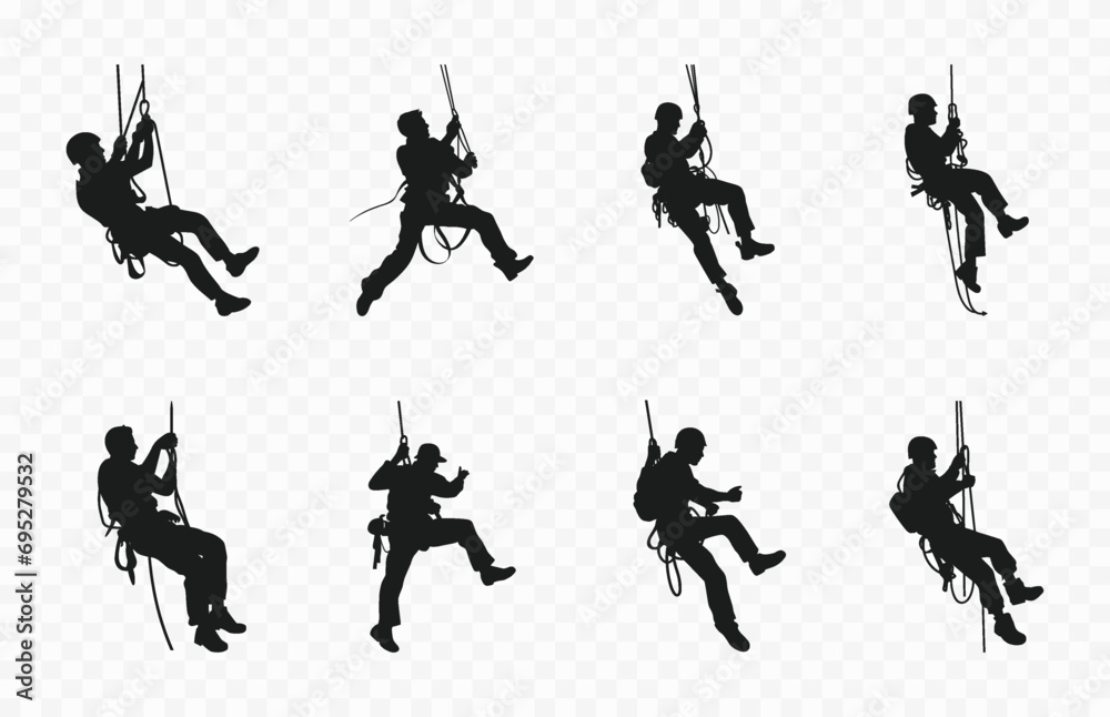 Rappelling Climbing Silhouette Vector Set, Rappel Silhouettes Clipart collection - obrazy, fototapety, plakaty 