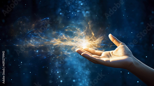An open hand sticks out into the picture and golden sparks fly out of it, blue background photo