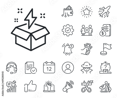 Creativity sign. Salaryman, gender equality and alert bell outline icons. Out of the box line icon. Gift box with lightning bolt symbol. Creative idea line sign. Vector