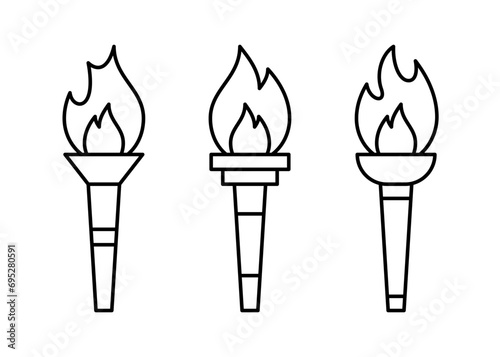 Olympic torch with fire, line icon set. Burning Olympic torch symbol of sport games. Competition of athletes in sport for winning champion. Flame of victory. Vector outline