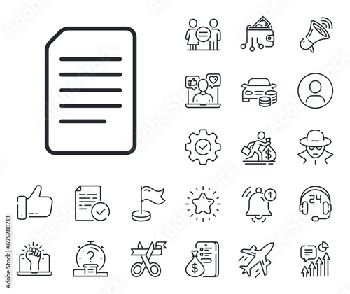 Information File sign. Salaryman, gender equality and alert bell outline icons. Document Management line icon. Paper page concept symbol. Document line sign. Spy or profile placeholder icon. Vector