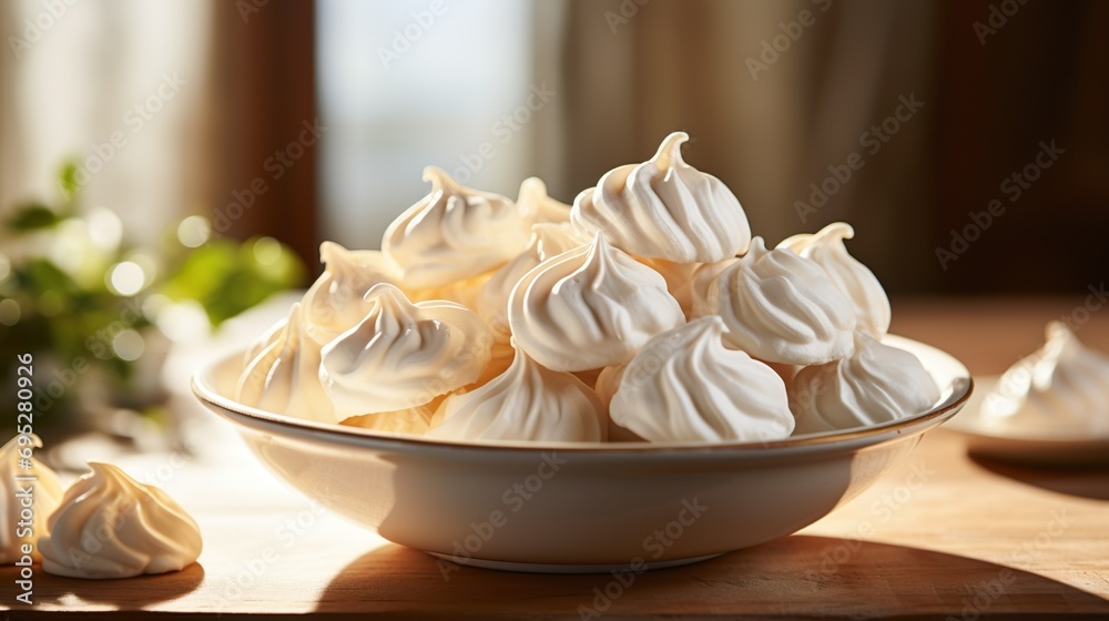 Homemade delicious meringue vanilla cookies over a rustic kitchen background. Confectionery, recipes, restaurant menu. Yummy meringue summer dessert.