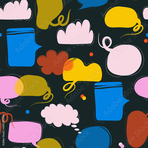 Abstract speech bubbles seamless Pattern, wallpaper. Various speech bubbles, Patches, Pins, Stamps, Stickers. Funny cute comic Characters. Hand drawn trendy illustration. Cartoon style. 