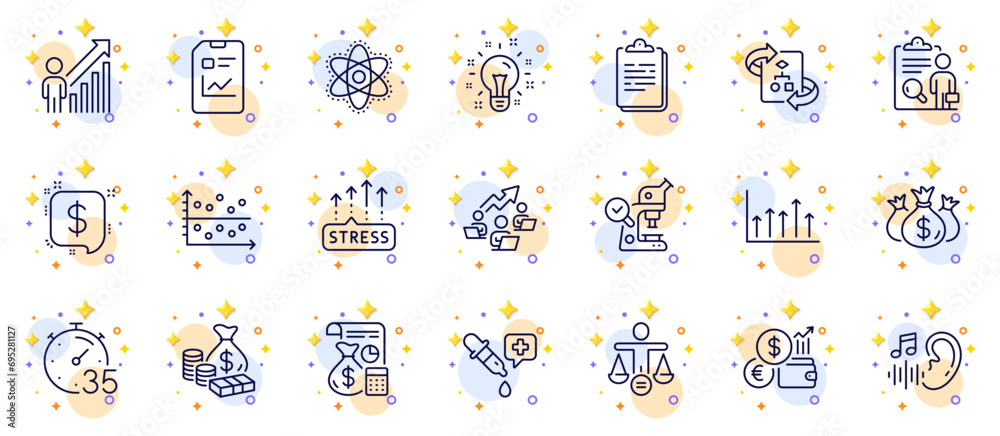 Outline set of Growth chart, Idea and Chemistry atom line icons for web app. Include Dot plot, Hearing, Check investment pictogram icons. Inspect, Chemistry pipette, Technical algorithm signs. Vector Outline set of Growth chart, Idea and Chemistry atom line icons for web app. Include Dot plot, Hearing, Check investment pictogram icons. Inspect, Chemistry pipette, Technical algorithm signs. Vector