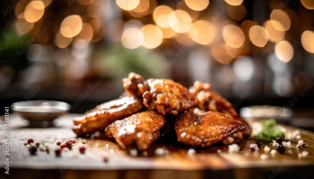 Copy Space image of Grilled chicken wings with sauces on a wooden board. Traditional baked bbq buffalo wing on bokeh background. Copy Space image of Grilled chicken wings with sauces on a wooden board. Traditional baked bbq buffalo wing on bokeh background.