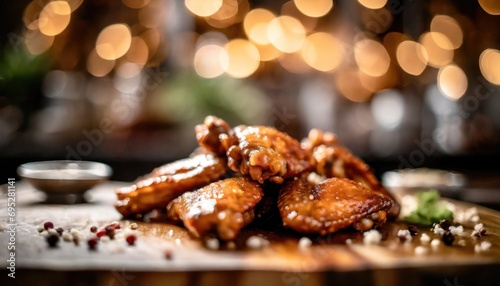 Copy Space image of Grilled chicken wings with sauces on a wooden board. Traditional baked bbq buffalo wing on bokeh background.