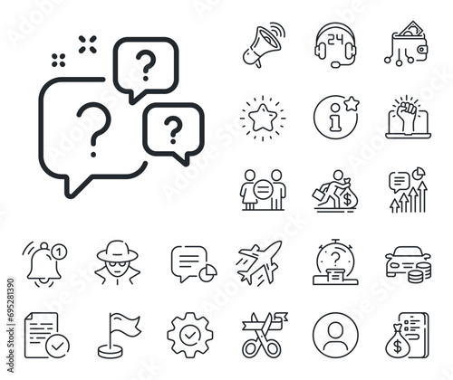 Ask help sign. Salaryman, gender equality and alert bell outline icons. Question bubbles line icon. Faq questionnaire symbol. Question bubbles line sign. Spy or profile placeholder icon. Vector
