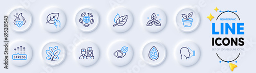Spinach, Leaf and Doctor line icons for web app. Pack of Organic tested, Fair trade, Cardio training pictogram icons. Artificial colors, Leaves, Check eye signs. Stress grows. Vector