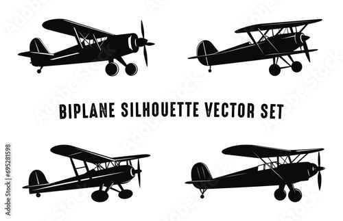 Biplane Silhouettes black Vector Set, Vector biplanes silhouette Bundle, Set of biplanes Silhouettes Clipart