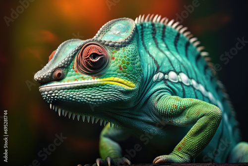 green Chameleon on the branch Beautiful extreme close-up, green iguana on a branch © Planetz