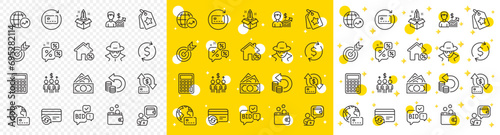 Outline Calculator, Wallet and Fraud line icons pack for web with Cash back, Internet pay, Discounts chat line icon. Loyalty tags, Meeting, Renew card pictogram icon. Business growth. Vector