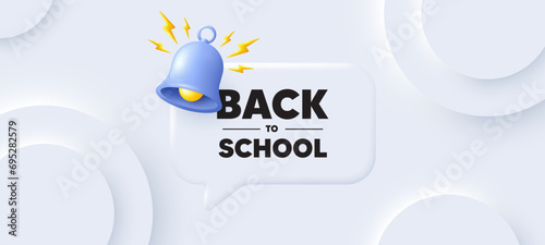 Back to school tag. Neumorphic background with chat speech bubble. Education offer. End of vacation slogan. Back to school speech message. Banner with bell. Vector