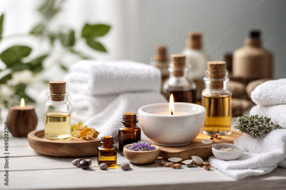 Beauty treatment items for spa procedures on white wooden table. massage stones, essential oils and sea salt. Beauty spa Beauty treatment items for spa procedures on white wooden table. massage stones, essential oils and sea salt. Beauty spa