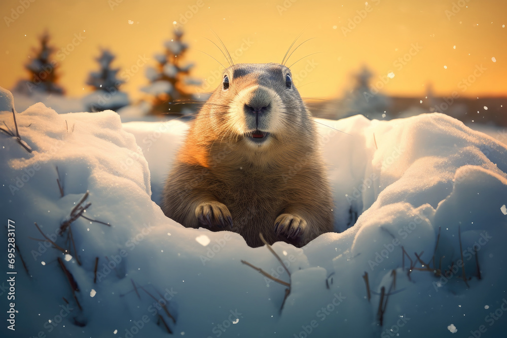 cute young Groundhog (Marmota monax) emerges from a snowy hole after hibernation. Happy Groundhog Day - obrazy, fototapety, plakaty 