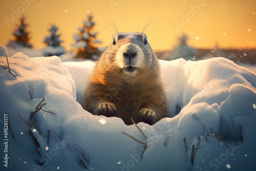 cute young Groundhog (Marmota monax) emerges from a snowy hole after hibernation. Happy Groundhog Day photo