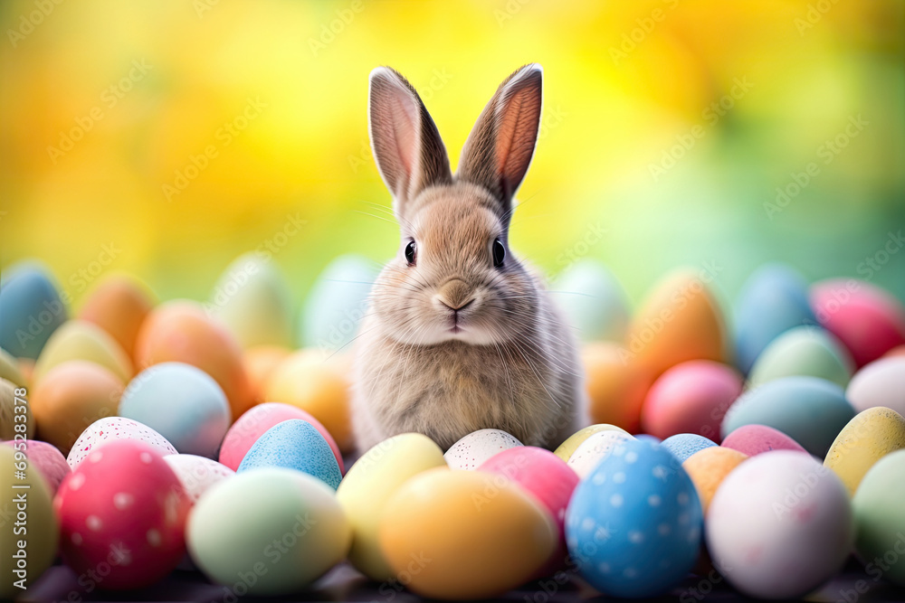 easter bunny with easter eggs, Colorful eggs in decorative.painted Easter eggs and brown bunny on blur light background easter bunny with easter eggs, Colorful eggs in decorative.painted Easter eggs and brown bunny on blur light background