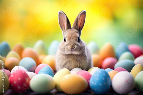 easter bunny with easter eggs, Colorful eggs in decorative.painted Easter eggs and brown bunny on blur light background © Planetz