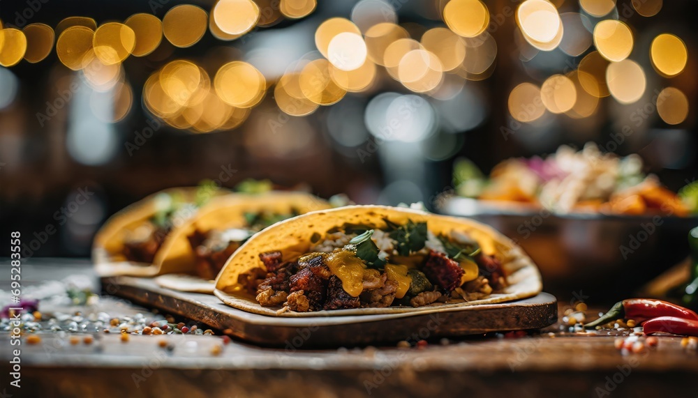 Copy Space image of Burrito wraps from fillet grilled chicken, pickles, tomatoes and cheese on night bokeh street background