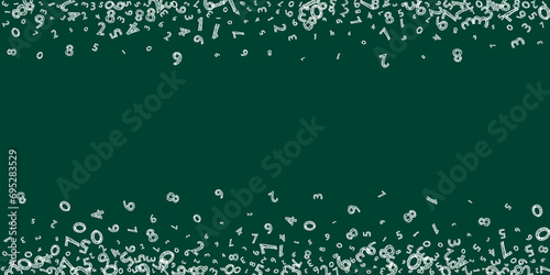 Falling childish chalk numbers. Math study concept with flying digits. Magnificent back to school mathematics banner on blackboard background. Falling numbers illustration.