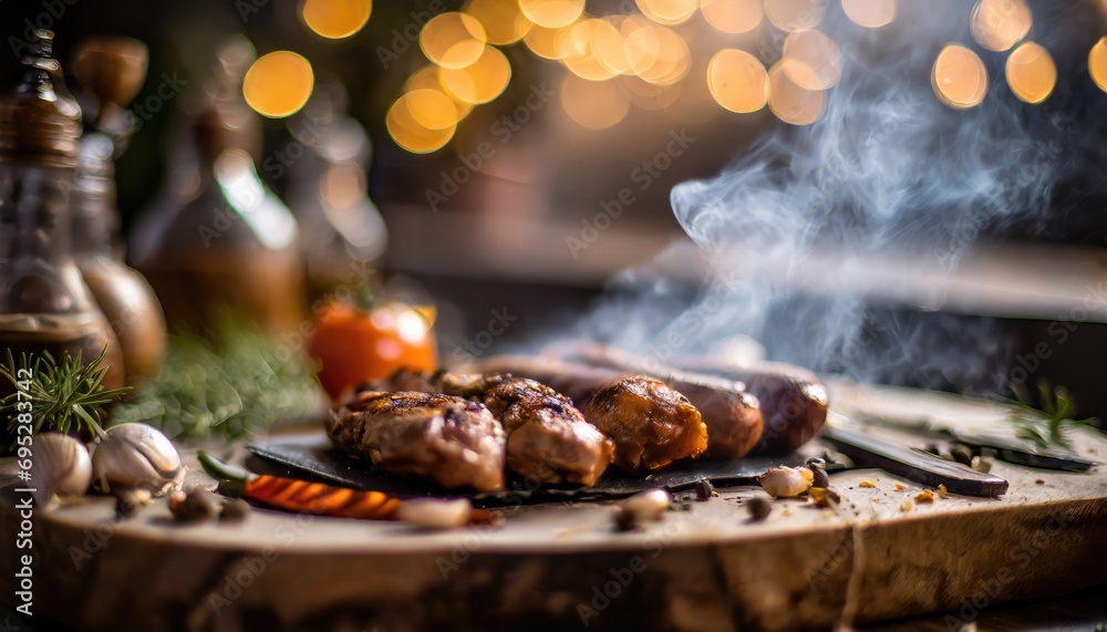Copy Space image of Barbecue grilled and sliced wagyu Rib Eye beef meat steak on a plate with smoke on bokeh background. Copy Space image of Barbecue grilled and sliced wagyu Rib Eye beef meat steak on a plate with smoke on bokeh background.