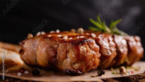 Copy Space image with close up of barbecue ribs on cutting board over wooden table.