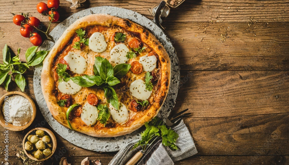 Copy Space image of Pizza Margherita on wooden background, Pizza Margarita with Tomatoes, Copy Space image of Pizza Margherita on wooden background, Pizza Margarita with Tomatoes,
