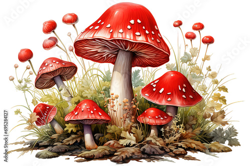 Big dreamy fantasy mushrooms in magic forest. Hallucinogenic psilocybin-containing mushrooms isolated on a Transparent background. Generative AI