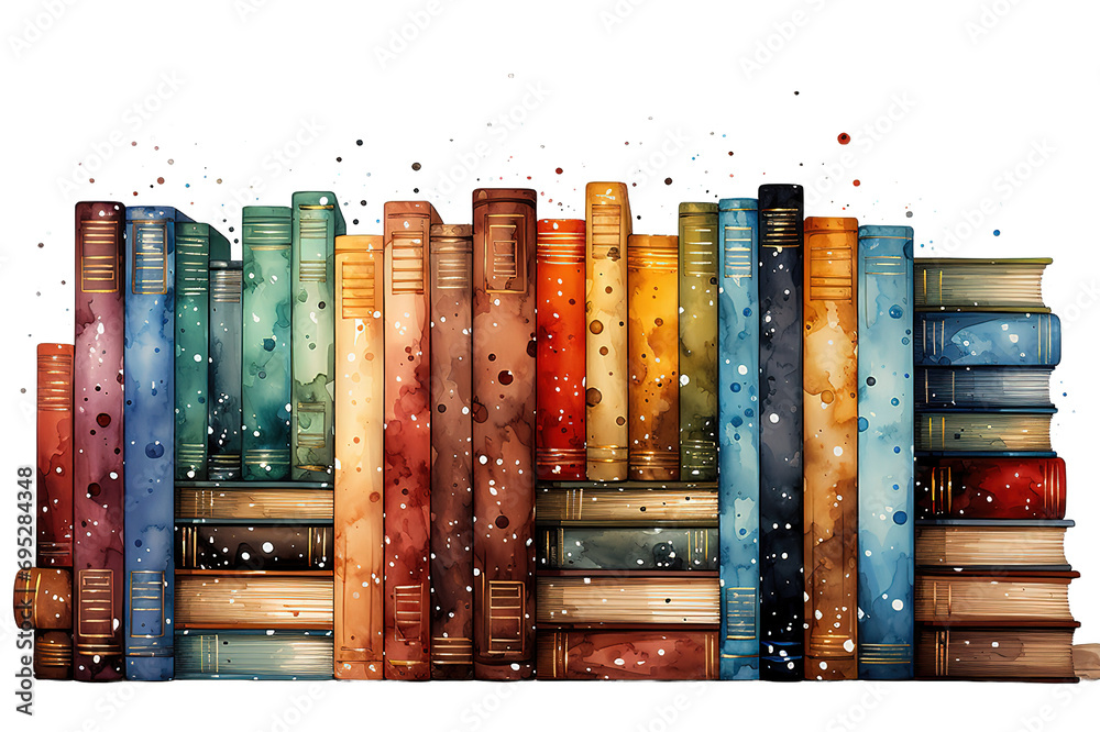 Stack of old vintage books hand drawn color watercolor illustration learning isolated on a Transparent background. Generative AI - obrazy, fototapety, plakaty 