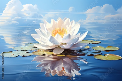 Tranquil Serenity. Beautiful White Lotus Flower Gracefully Floating Calm Reflective Waters