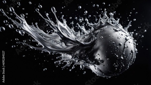 Silver paint splashed on a black background.