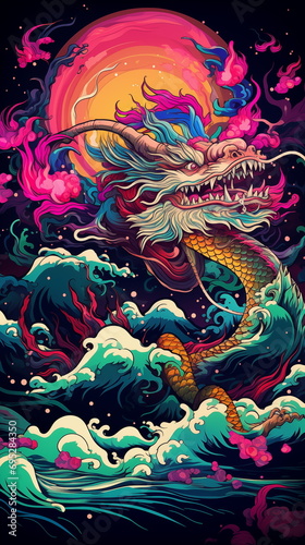 Colorful dragon in the ocean with full moon and clouds. Vector illustration.