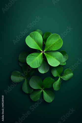Four-leaf green clover on one colour green background top down view created with Generative Ai