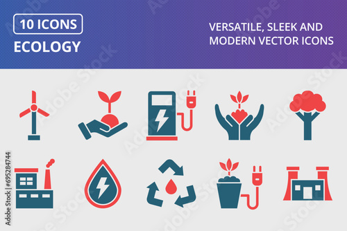 Ecology Glyph Two Color Icons Set