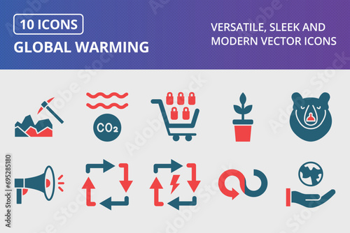 Global Warming Glyph Two Color Icons Set