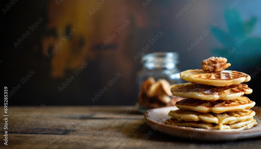Copy Space image of Delicious viennese waffles with maple syrup drizzle and blackberry on dark brown wood background. Copy Space image of Delicious viennese waffles with maple syrup drizzle and blackberry on dark brown wood background.