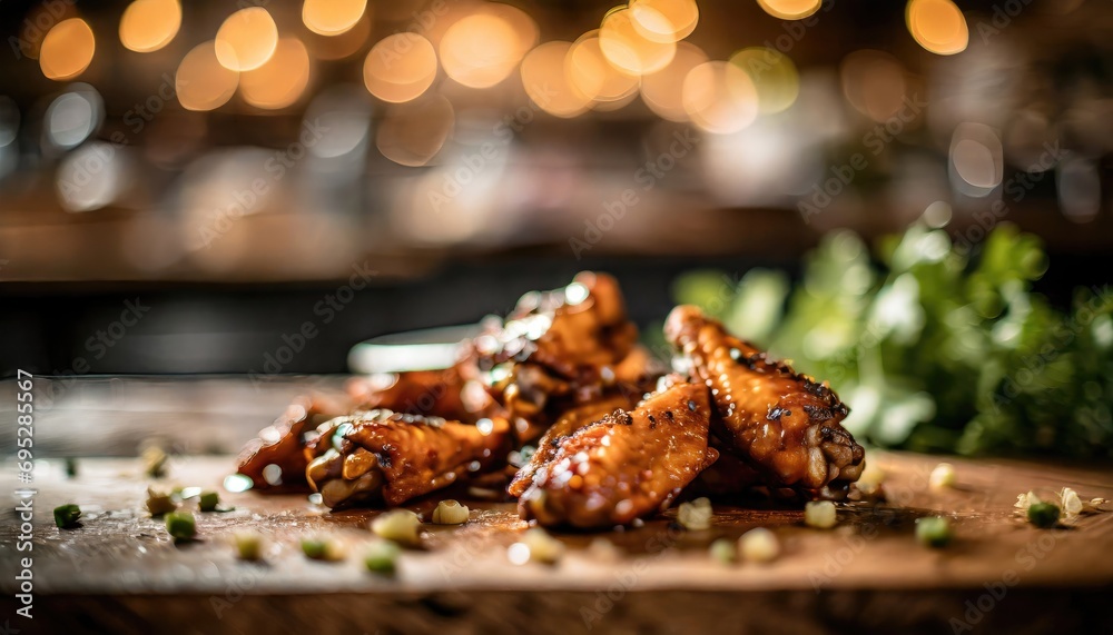 Copy Space image of Grilled chicken wings with sauces on a wooden board. Traditional baked bbq buffalo wing on bokeh background.