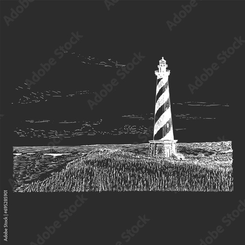 Lighthouse night view, hand drawing in vector