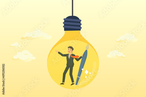 Creative man holding pencil think about idea on lightbulb, creative idea, imagination or inspiration, creativity to thinking about solution or invention, new idea, knowledge or education (Vector)