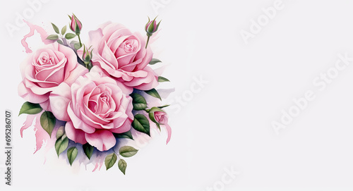  Pink roses with green leaves on white background. Digital illustration for your design. © Maria