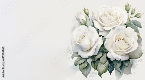 White roses on a white background with copy space for your text.