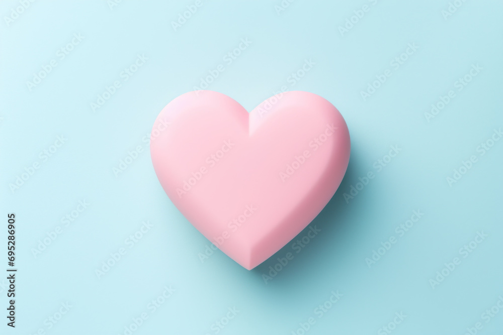 Single pink heart on a blue background. The concept illustrates simplicity and love.