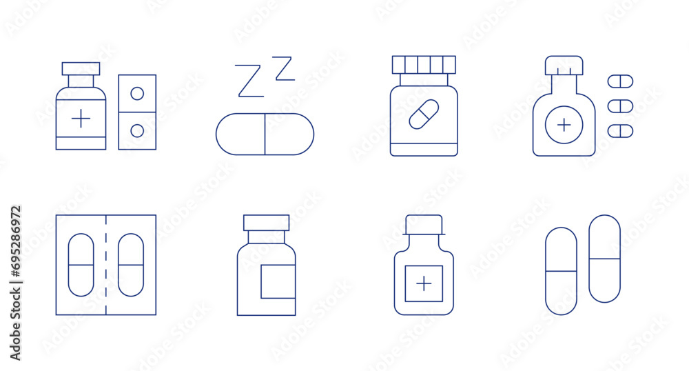 Medicine icons. Editable stroke. Containing medicine, pills, pills bottle, capsules.